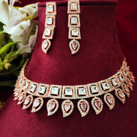 N0478_Classic square design American Diamond stones embellished necklace set with delicate stone work with a touch of pink stones.