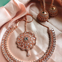 N0424_1_Gorgeous  designer rose gold american diamond embellished necklace set with a touch of  white stones.