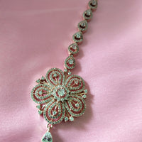 M023_Beautiful rose gold  flower design American diamond studded Maang tika with delicate stone work.