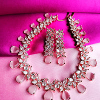 N0489_Lovely broad designer american diamond studded choker necklace set with a touch of pink stones.