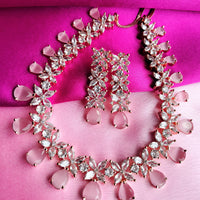 N0489_Lovely broad designer american diamond studded choker necklace set with a touch of pink stones.