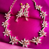 N0488_Lovely flower design american diamond studded choker necklace set with a touch of pink stones.