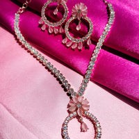 N0485_Elegant floral design american diamond studded necklace set with a touch of pink stones.