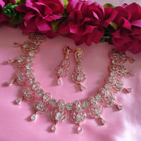 N0492_Elegant designer rose gold american diamond studded choker necklace set with delicate stone work.