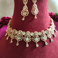 N0492_Elegant designer rose gold american diamond studded choker necklace set with delicate stone work.