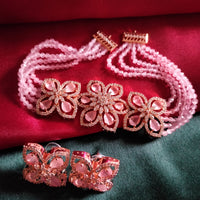 N0498_Classy pink crystal flower design choker necklace set studded  with  American diamond stones.