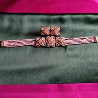 N0498_Classy pink crystal flower design choker necklace set studded  with  American diamond stones.