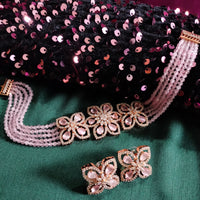 N0498_Classy pink crystal flower design choker necklace set studded  with  American diamond stones.