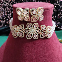 N0498_Classy pink crystal flower design choker necklace set studded  with  American diamond stones.