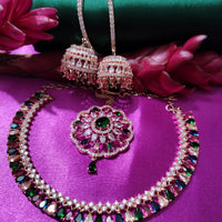 N0505_Gorgeous  designer rose gold american diamond embellished necklace set with a touch of  multi colour