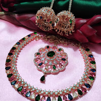 N0505_Gorgeous  designer rose gold american diamond embellished necklace set with a touch of  multi colour