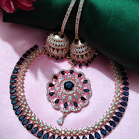 N0506_Elegant designer rose gold american diamond embellished necklace set with a touch of  blue colour