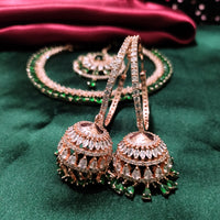 N0507_Elegant designer rose gold american diamond embellished necklace set with a touch of  green colour