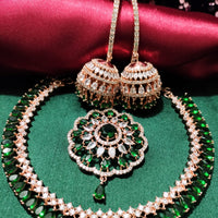 N0507_Elegant designer rose gold american diamond embellished necklace set with a touch of  green colour