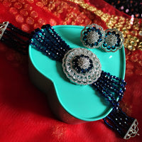 N0505_Classic designer navy blue crystal Grand circular pendant choker necklace set studded  with  American diamond stones.