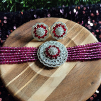 N0508_Classic designer magenta crystal Grand circular pendant choker necklace set studded  with  American diamond stones.