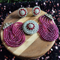 N0508_Classic designer magenta crystal Grand circular pendant choker necklace set studded  with  American diamond stones.