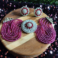 N0508_Classic designer magenta crystal Grand circular pendant choker necklace set studded  with  American diamond stones.