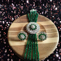 N0506_Classic designer green crystal Grand circular pendant choker necklace set studded  with  American diamond stones.