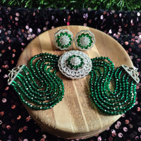 N0506_Classic designer green crystal Grand circular pendant choker necklace set studded  with  American diamond stones.