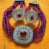 N0509_Classic designer magenta crystal Grand square pendant choker necklace set studded  with  American diamond stones.