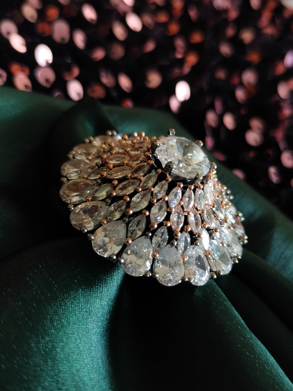 R042_Lovely designer American Diamond studded statement ring with delicate stone work.