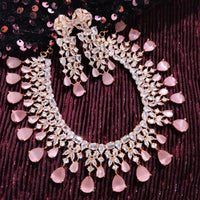 N0512_Elegant designer signature American Diamond stones embellished Choker necklace set with delicate stone work with a touch of pink stones.