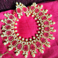 N0517_Lovely traditional style American Diamond necklace set with delicate stone work  with a touch of  red ruby stones along with pearl drops.