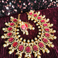 N0517_Lovely traditional style American Diamond necklace set with delicate stone work  with a touch of  red ruby stones along with pearl drops.