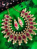 N0517_Lovely traditional style American Diamond necklace set with delicate stone work  with a touch of  red ruby stones along with pearl drops.