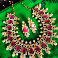 N0517_Lovely traditional style American Diamond necklace set with delicate stone work  with a touch of  red ruby stones along with pearl drops.