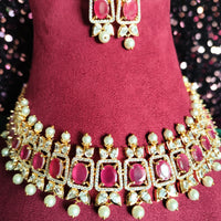 N0517_Lovely traditional style American Diamond necklace set with delicate stone work  with a touch of  red ruby stones along with pearl drops.