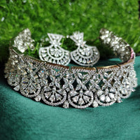 N0516_Elegant designer choker necklace embellished with american diamond stones with a touch of delicate stone  work.