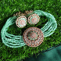 N0502_Classic designer sea green crystal Grand circular shaped pendant choker necklace set studded  with  American diamond stones.