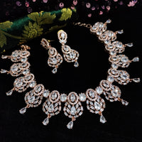 N0492_Elegant designer rose gold american diamond studded choker necklace set with delicate stone work.