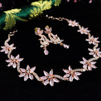 N0488_Lovely flower design american diamond studded choker necklace set with a touch of pink stones.