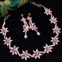 N0488_Lovely flower design american diamond studded choker necklace set with a touch of pink stones.