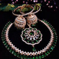 N0507_Elegant designer rose gold american diamond embellished necklace set with a touch of  green colour