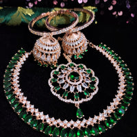 N0507_Elegant designer rose gold american diamond embellished necklace set with a touch of  green colour