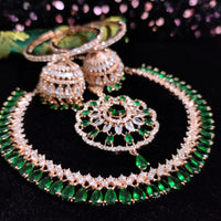 N0507_Elegant designer rose gold american diamond embellished necklace set with a touch of  green colour