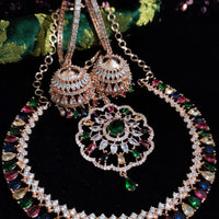 N0505_Gorgeous  designer rose gold american diamond embellished necklace set with a touch of  multi colour