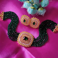 N0522_Classic designer green crystal Grand Square shaped pendant choker necklace set studded  with  American diamond stones.