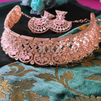 N0525_Ravishing designer necklace embellished with american diamond stones with a touch of pink stones.