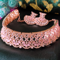 N0525_Ravishing designer necklace embellished with american diamond stones with a touch of pink stones.