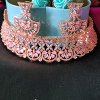N0525_Ravishing designer necklace embellished with american diamond stones with a touch of pink stones.