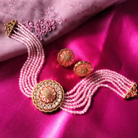 N0526_Classic designer crystal Grand circular shaped pendant choker necklace set studded  with  American diamond stones.