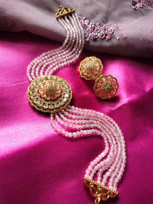 N0526_Classic designer crystal Grand circular shaped pendant choker necklace set studded  with  American diamond stones.