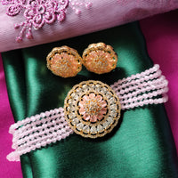 N0526_Classic designer crystal Grand circular shaped pendant choker necklace set studded  with  American diamond stones.