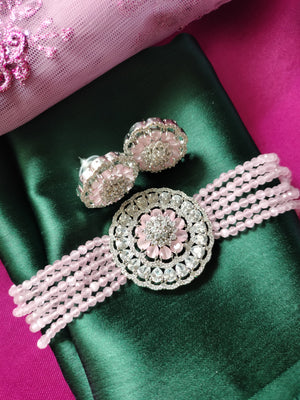 N0527_Classic designer crystal Grand circular shaped pendant choker necklace set studded  with  American diamond stones.