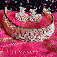 N0525_Ravishing designer necklace embellished with american diamond stones with a touch of pink stones.